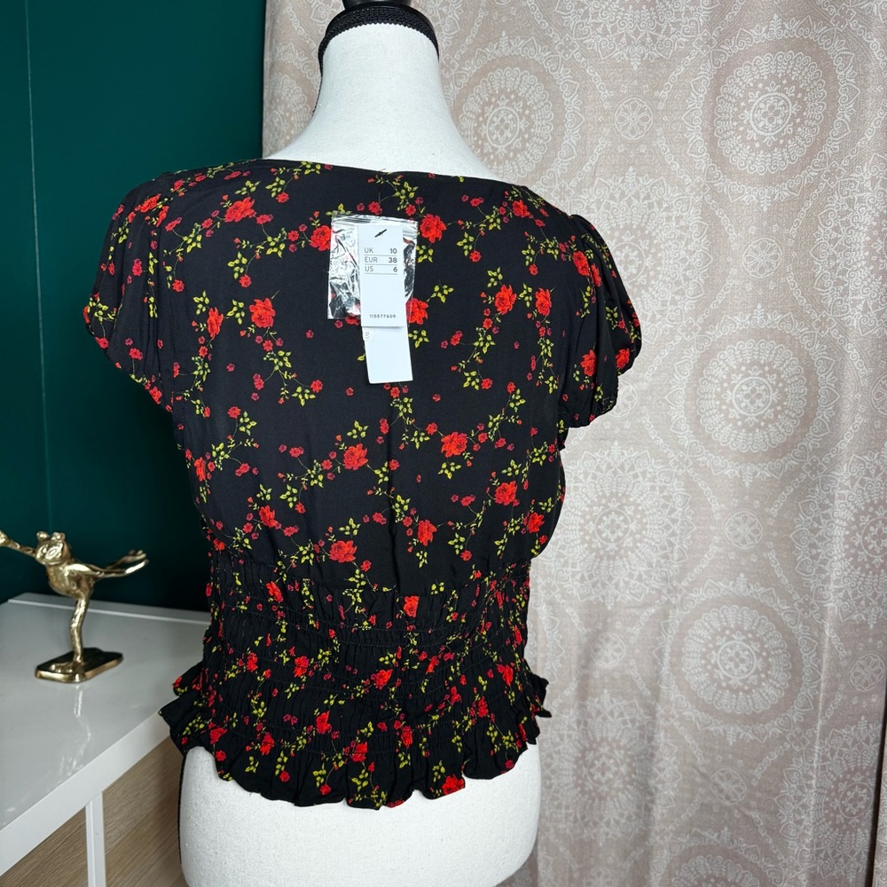 NWT Topshop Shirred Cap Sleeve Rose Print Retro Pinup Cherrygirl Size 6 - Picture 4 of 9